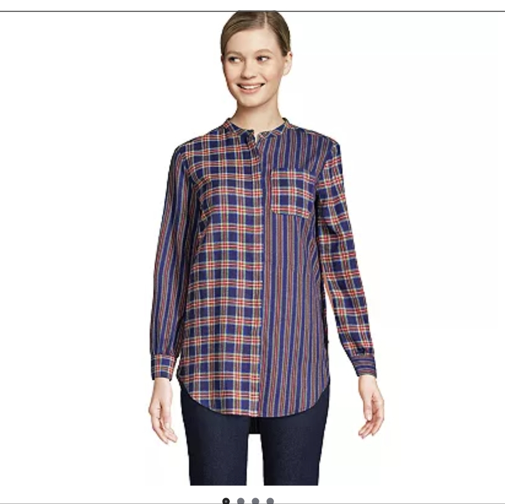 Lands' End A-line Flannel long sleeve tunic top - medium - Deep Sea Navy Tartan